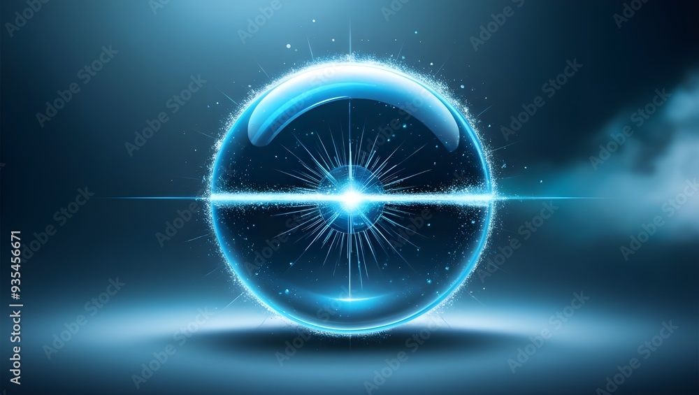 Obraz premium Blue Bubble Sphere Protection Shield, Sparkling Particles and Light Beams, Vector Icon Illustration