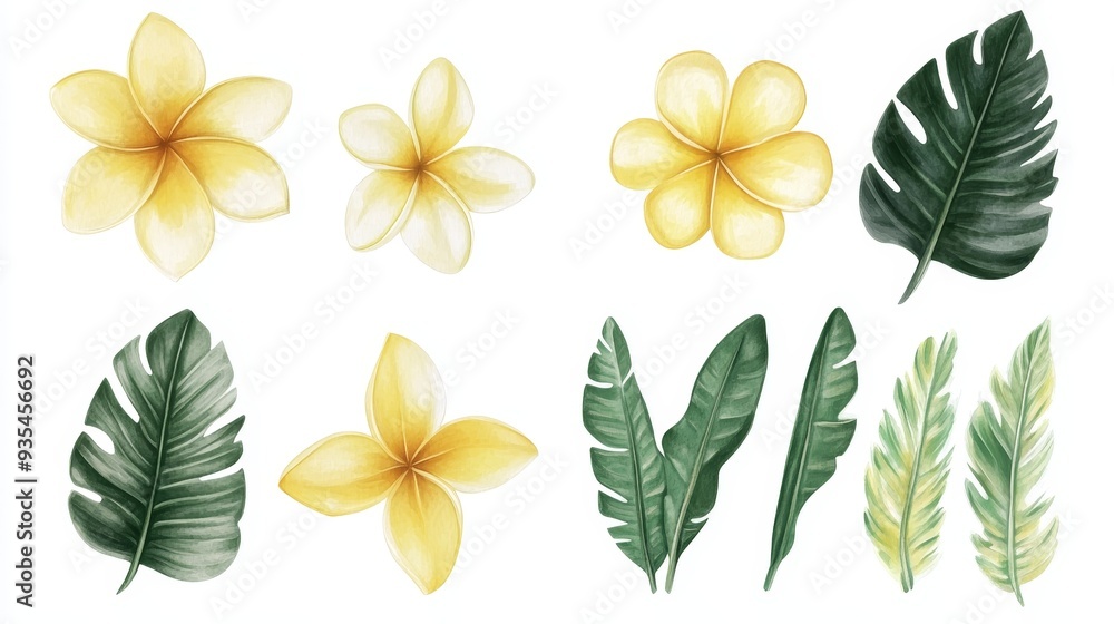 Obraz premium A lush green nature scene with tropical flowers and leaves