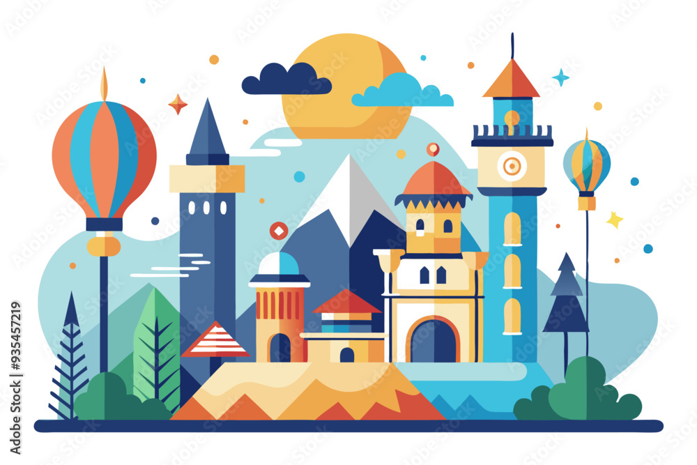 Fototapeta premium Colorful Cityscape with Towers, Hot Air Balloons, and Mountain in the Background