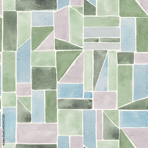 Beautiful vector abstract seamless pattern with colorful watercolor geometric ornament. Abstract patchwork print design. Stock illustration.