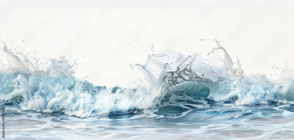 A photorealistic and detailed image of water waves on a white background shows a wave with sharp edges appearing dynamic, creating the illusion of forward movement. A photorealistic and detailed image of water waves on a white background shows a wave with sharp edges appearing dynamic, creating the illusion of forward movement.