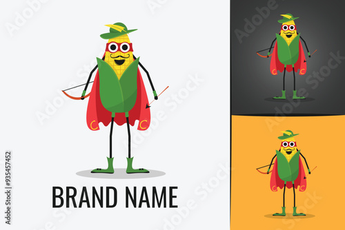 Cute Super hero Corn logo. Logotype of corn vegetable superman Veggie logo