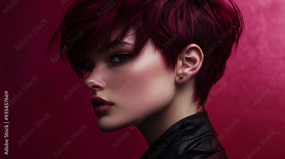 A young woman showcases her bold burgundy hairstyle, highlighting her features against a deep red backdrop. A young woman showcases her bold burgundy hairstyle, highlighting her features against a deep red backdrop.