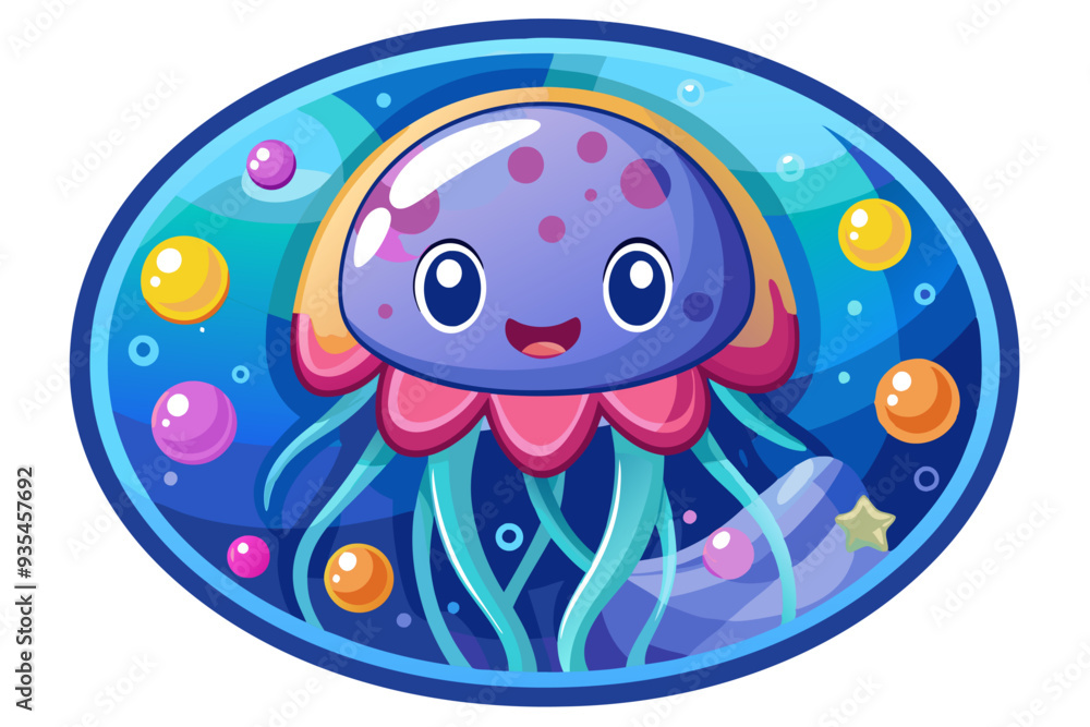 Naklejka premium Cartoon Jellyfish with Big Eyes and Tentacles in a Blue Circle