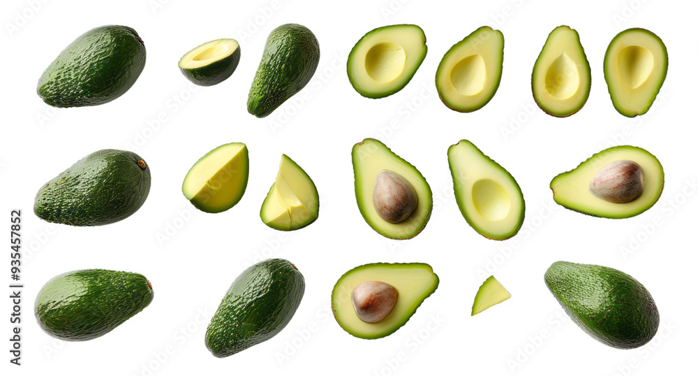 A collection of various avocado images, each cut into different shapes and sizes, are isolated on a transparent background with a clipping path. A collection of various avocado images, each cut into different shapes and sizes, are isolated on a transparent background with a clipping path.