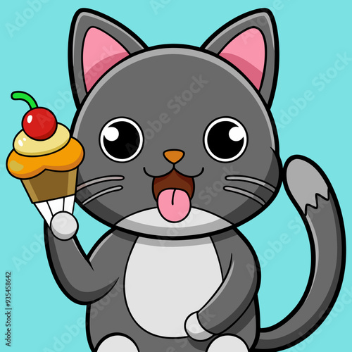 Sweet cartoon cat holding a cupcake with a cherry on top and licking its lips in excitement