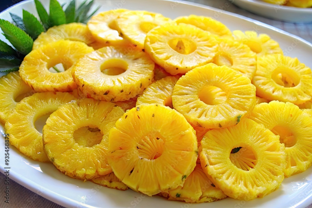 Fresh pineapple rings stacked on a white plate. Fresh pineapple rings stacked on a white plate.