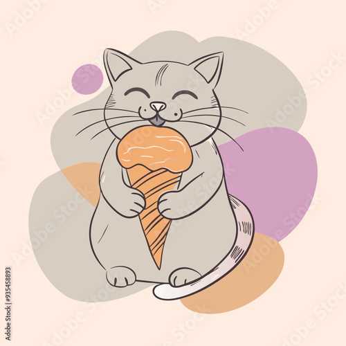 Delightful grey cat enjoying a sweet treat, holding an ice cream cone with joy