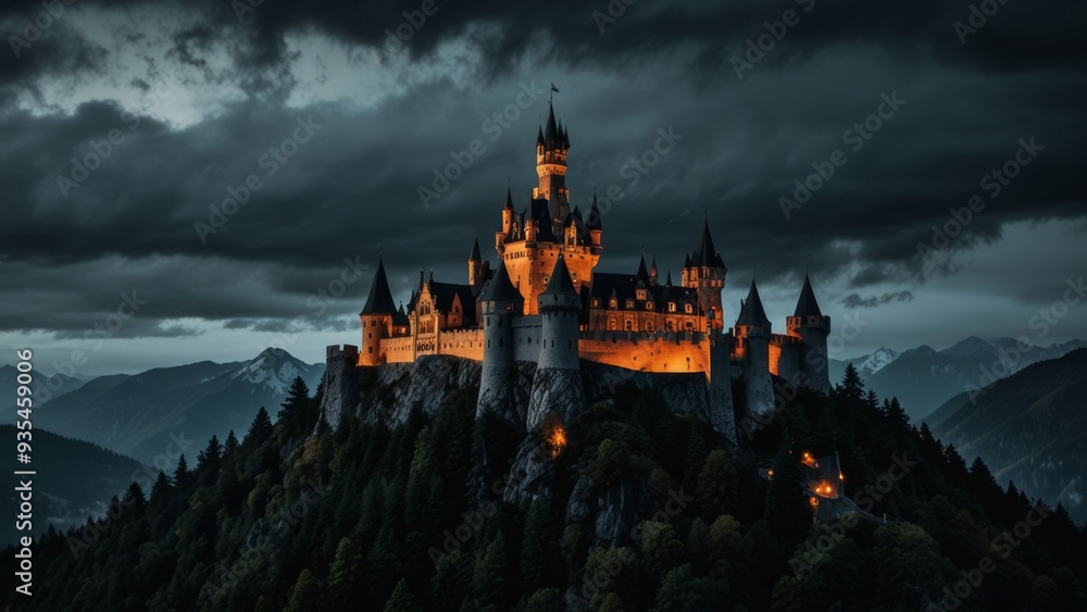 Spooky old medieval castle: Ancient eerie castle. Halloween, horror, fairytale background concept. Spooky old medieval castle: Ancient eerie castle. Halloween, horror, fairytale background concept.
