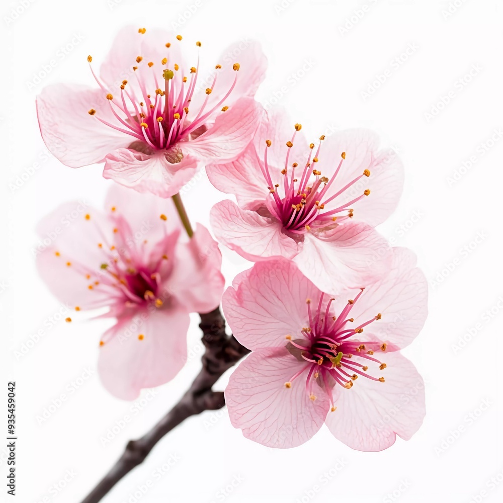 Bright pink cherry tree flowers on white isolated background close up which is very beautiful Bright pink cherry tree flowers on white isolated background close up which is very beautiful