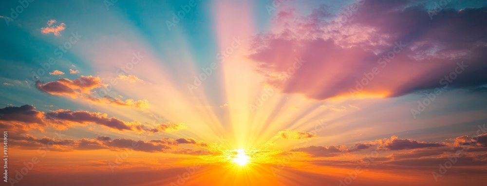 Fototapeta premium A purple, yellow, and orange sunset sky with gradient rich colors - an ethereal dreamy scene in the summertime.