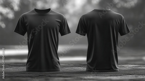 sleek black tshirt mockup front and back views on invisible mannequin crisp edges and smooth fabric texture highlighted against neutral background photo