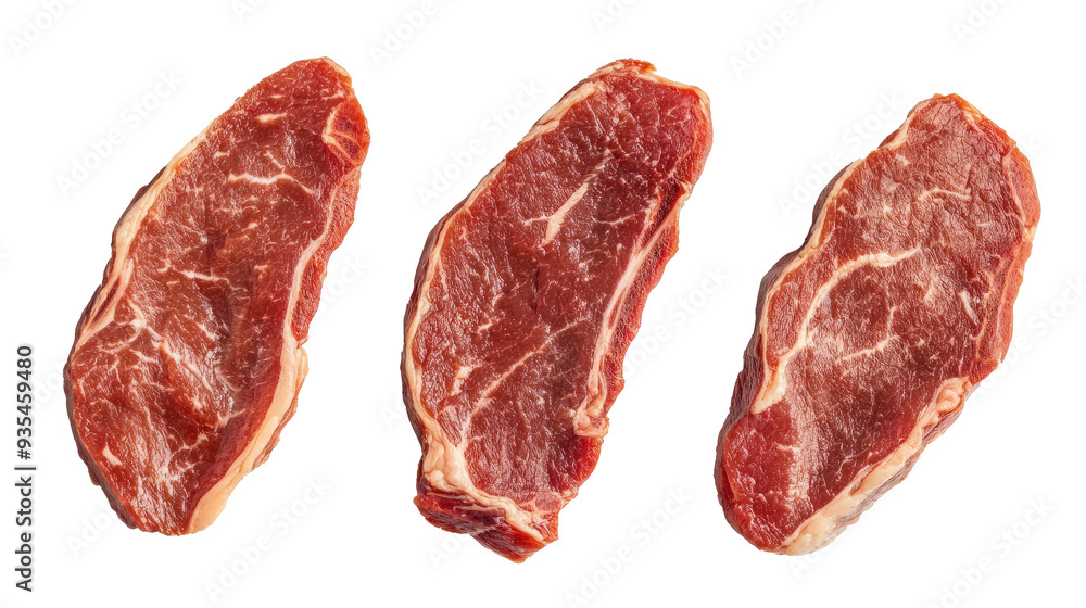 Three raw beef steaks, ready to be cooked. Three raw beef steaks, ready to be cooked.