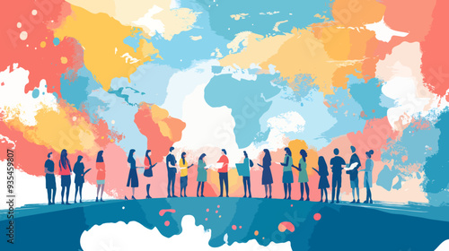 Diverse Group of People Collaborating on a Colorful World Map Background Highlighting Inclusion, Cultural Exchange, and Unity