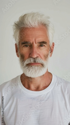 An older man with white hair and a well-groomed beard stares directly at the camera, dressed in a plain t-shirt, set against a neutral background perfect for official uses photo