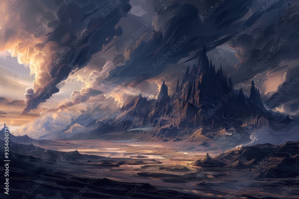 Fototapeta premium Dark Fantasy Landscape with Towering Mountains and Dramatic Sky