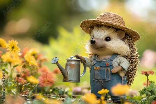 Gardener Hedgehog: A hedgehog in overalls and a straw hat, holding a watering can in a flower garden