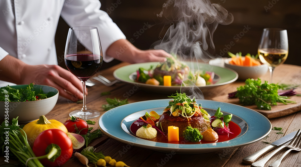 gourmet meal on a rustic wooden table, vibrant colors of fresh ingredients, close-up shot of a perfectly plated dish, steam rising from a hot dish, culinary presentation with garnishes, appetizing gourmet meal on a rustic wooden table, vibrant colors of fresh ingredients, close-up shot of a perfectly plated dish, steam rising from a hot dish, culinary presentation with garnishes, appetizing