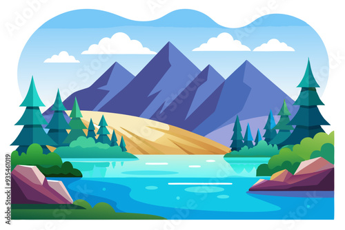 A picturesque mountain lake landscape with blue waters, verdant forests, and a serene sky.