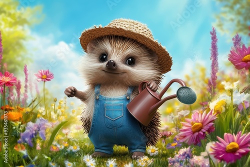 Gardener Hedgehog: A hedgehog in overalls and a straw hat, holding a watering can in a flower garden