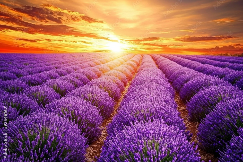 Obraz premium A vast lavender field in full bloom under a golden sunset, the purple flowers contrasting with the orange and pink sky.