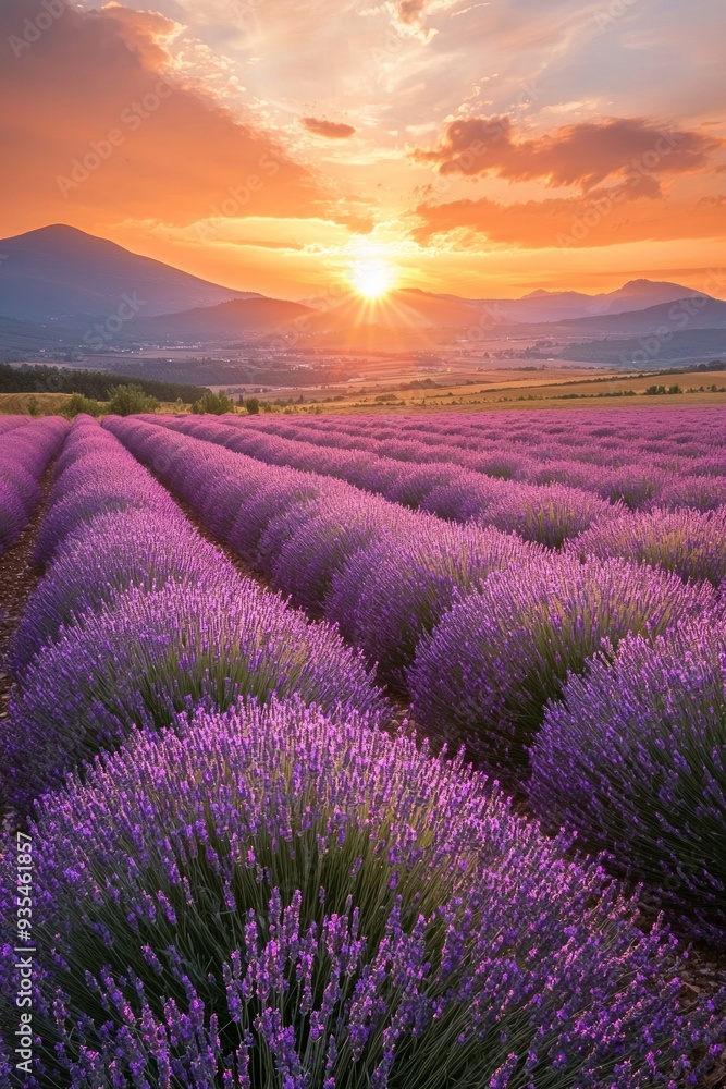 Obraz premium A vast lavender field in full bloom under a golden sunset, the purple flowers contrasting with the orange and pink sky.