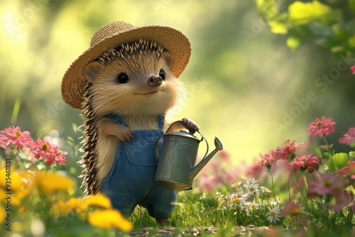 Gardener Hedgehog: A hedgehog in overalls and a straw hat, holding a watering can in a flower garden