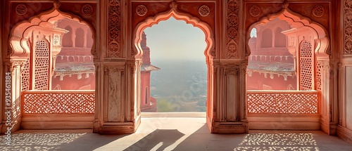 Woman in red sari standing in palace hall, intricate patterns, view of palaces and arches.