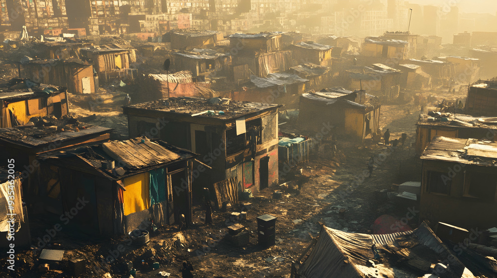 Digitally generated image of makeshift shacks in a poverty stricken city slum Digitally generated image of makeshift shacks in a poverty stricken city slum