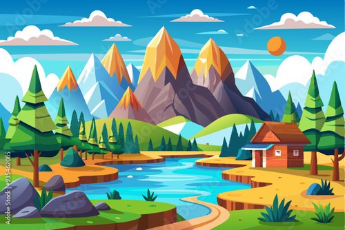 Mountainous Landscape with a River, Trees, and a Cabin