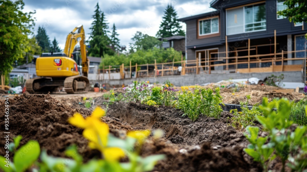 Construction Site With A View of Flowers and an Excavator Construction Site With A View of Flowers and an Excavator