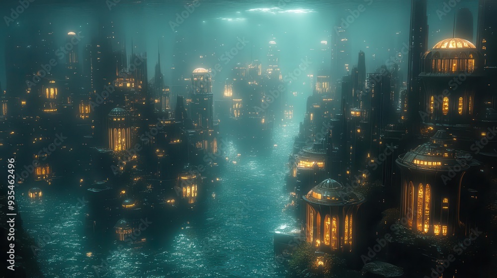 Obraz premium underwater cityscape made entirely of flowing water currents bioluminescent sea life weaving through translucent architecture