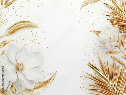 White background with beautiful greenery and flowers.