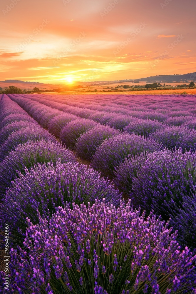 Obraz premium A vast lavender field in full bloom under a golden sunset, the purple flowers contrasting with the orange and pink sky.