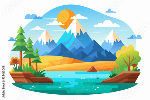 Colorful Illustration of a Mountainous Landscape with a River, Trees, and a Bright Sun