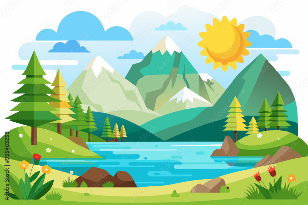 Obraz premium Picturesque Mountain Landscape with Lake and Sunny Sky