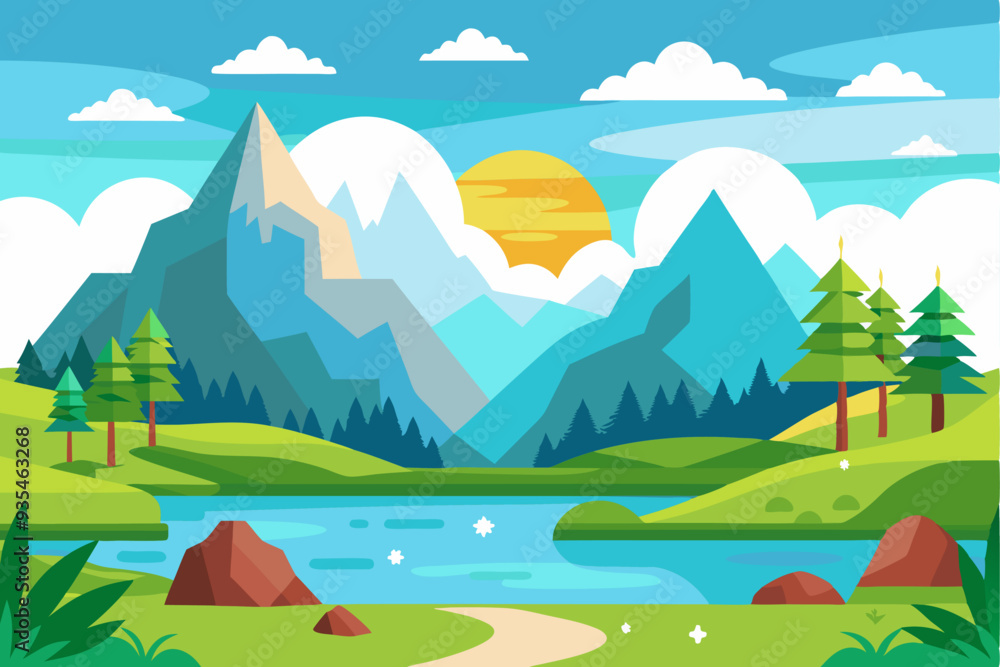 Naklejka premium Mountainous Landscape with River and Forest