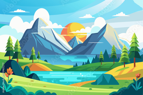 Mountain Landscape with a Serene Lake and Sun Setting