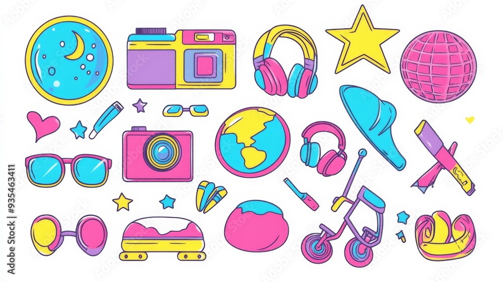 Sticker set, Stencils of the objects that characterize 90s style. Sticker set, Stencils of the objects that characterize 90s style.