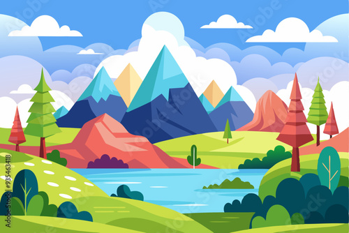 A Colorful Illustration of a Mountainous Landscape with a Lake
