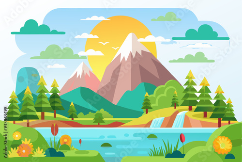 A scenic landscape with mountains, a river, and trees under a bright sun.