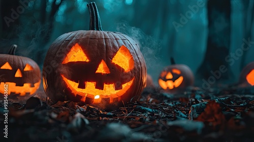 Halloween pumpkin head jack lantern on wooden floor at night with reflection