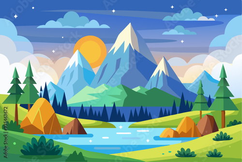 Sunset Over Mountainous Landscape with River and Pines
