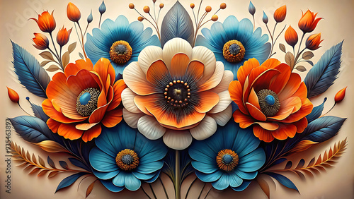 Colorful 3D Flower Illustration: Midnight Blue and Burnt Orange Poppies. Generated With AI