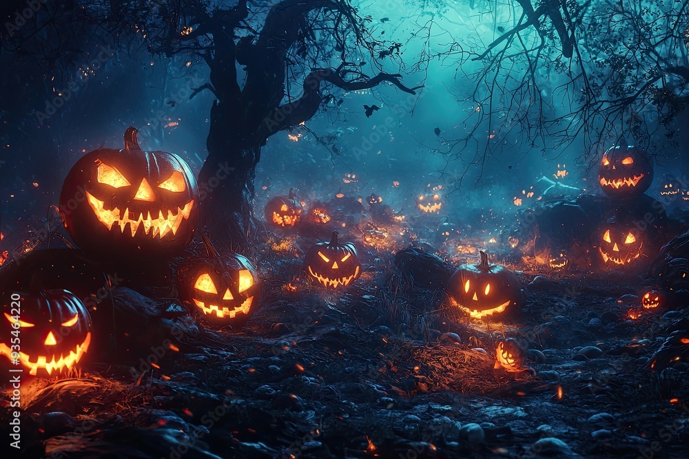 Naklejka premium Halloween pumpkin head jack lantern on wooden floor at night with reflection