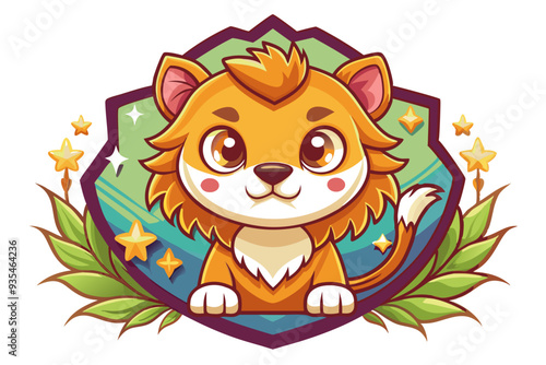Adorable Cartoon Lion Cub with Green Leaves and Stars