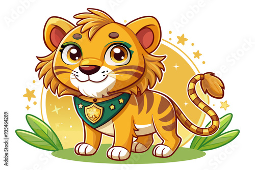 Cartoon Lion Cub with Green Collar and Golden Shield