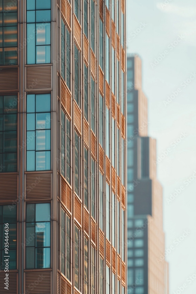 The intricate architecture of a distant skyscraper, standing out sharply against a soft blue sky The intricate architecture of a distant skyscraper, standing out sharply against a soft blue sky