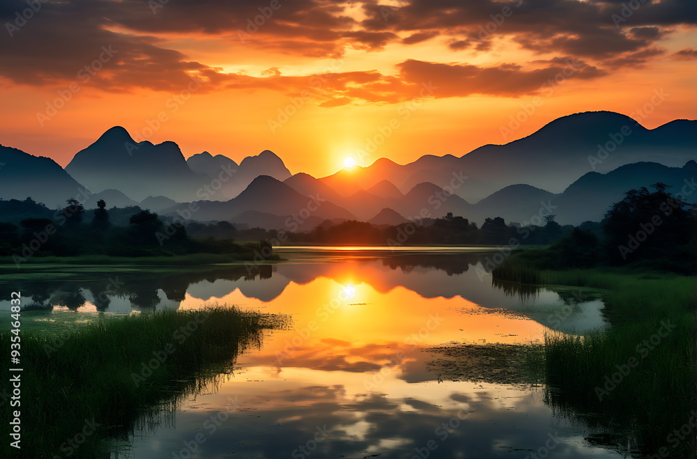 Fototapeta premium a sunrise in the mountains over a body of water, generative ai