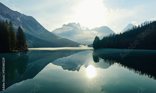 Serene Reflection of Mountains in Calm Lake photo